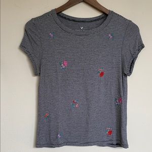 AEO Striped Floral Embroidered Short Sleeve Tee